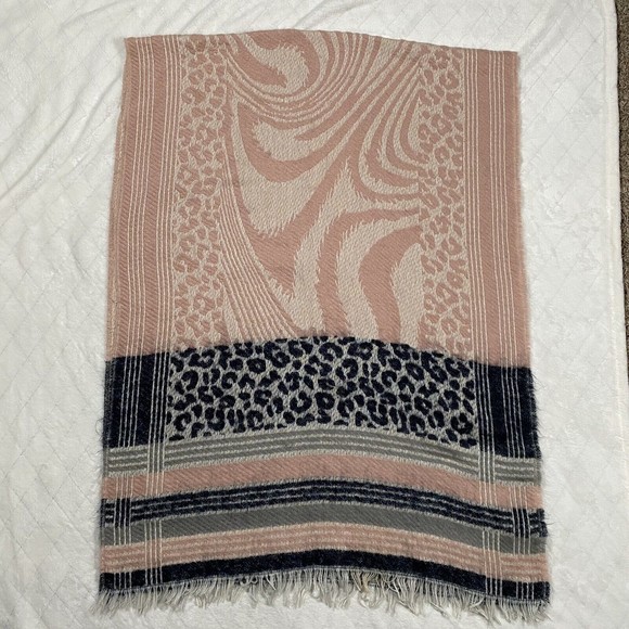 Shawl Scarf Wrap Wool Blend Pink Cheetah Print Blue Stripes Fringe Mixed Media - Picture 1 of 8